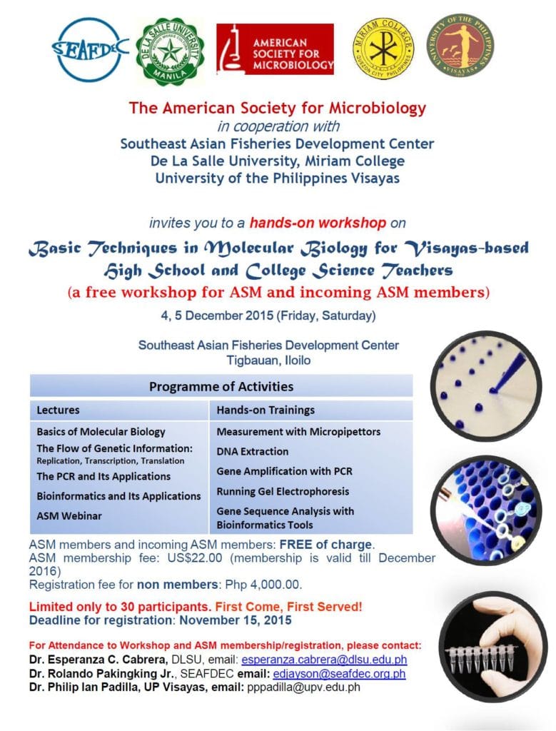 Flyer ASM-SEAFDEC-DLSU-MC-UPV_Molbio Workshop Dec 4,5, 2015_PSM Visayas